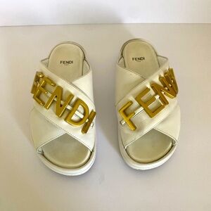 Fendi women sandals White and Gold Shoes sz 6